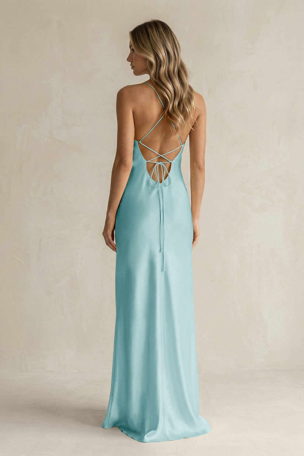 Sheath Satin Spaghetti Strap Bridesmaid Dress in Bleached Aqua - KISS BRIDAL Bridesmaid Dresses