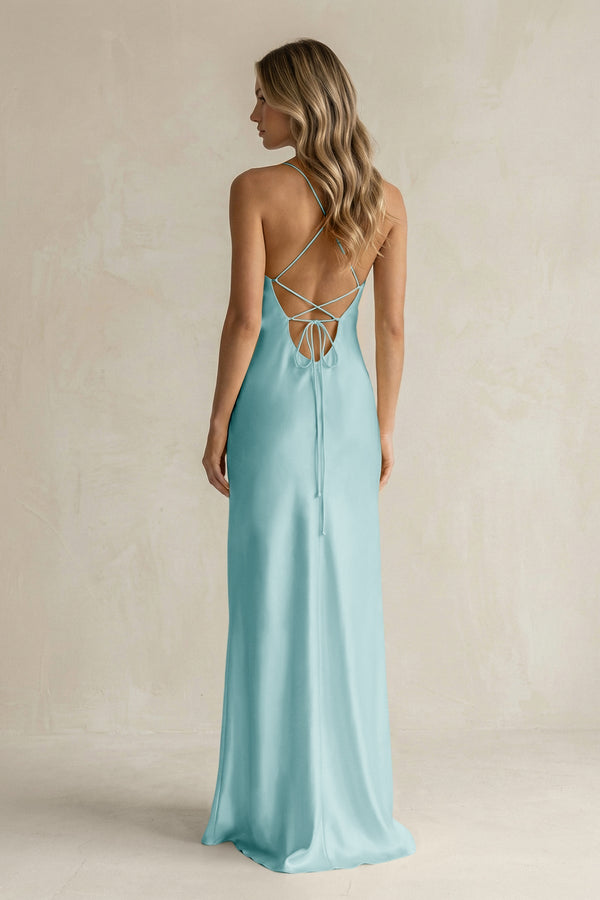 Sheath Satin Spaghetti Strap Bridesmaid Dress in Bleached Aqua - KISS BRIDAL Bridesmaid Dresses