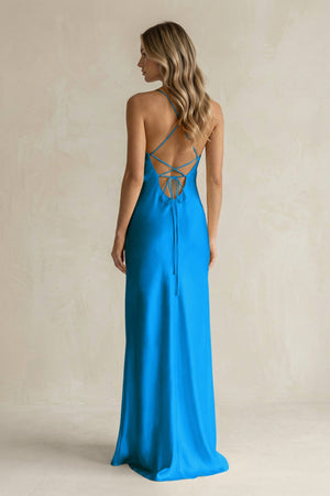 Sheath Satin Spaghetti Strap Bridesmaid Dress in Blue Jay - KISS BRIDAL Bridesmaid Dresses