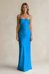Sheath Satin Spaghetti Strap Bridesmaid Dress in Blue Jay - KISS BRIDAL Bridesmaid Dresses