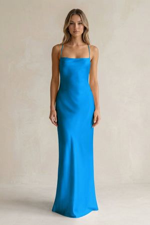Sheath Satin Spaghetti Strap Bridesmaid Dress in Blue Jay - KISS BRIDAL Bridesmaid Dresses