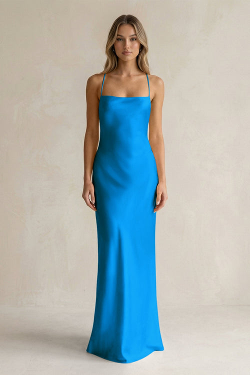 Sheath Satin Spaghetti Strap Bridesmaid Dress in Blue Jay - KISS BRIDAL Bridesmaid Dresses
