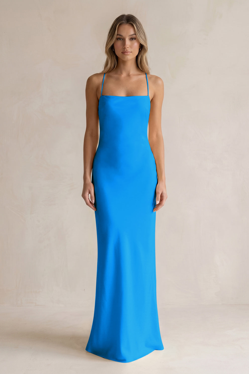 Sheath Satin Spaghetti Strap Bridesmaid Dress in Blue Jay