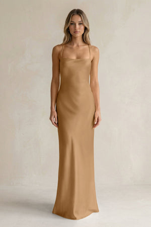 Sheath Satin Spaghetti Strap Bridesmaid Dress in Bronzer - KISS BRIDAL Bridesmaid Dresses
