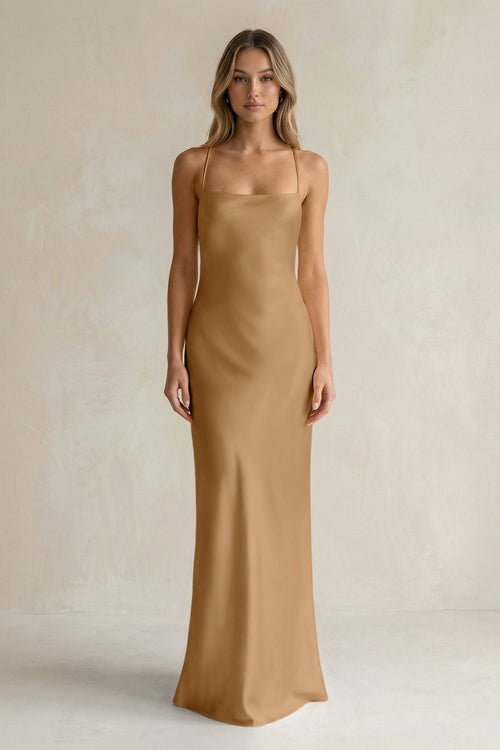 Sheath Satin Spaghetti Strap Bridesmaid Dress in Bronzer - KISS BRIDAL Bridesmaid Dresses