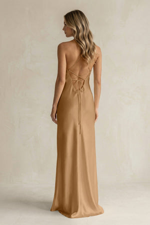 Sheath Satin Spaghetti Strap Bridesmaid Dress in Bronzer - KISS BRIDAL Bridesmaid Dresses