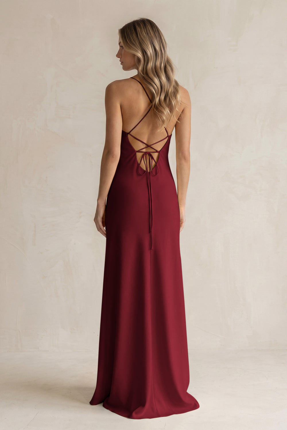 Sheath Satin Spaghetti Strap Bridesmaid Dress in Burgundy