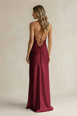 Sheath Satin Spaghetti Strap Bridesmaid Dress in Burgundy - KISS BRIDAL Bridesmaid Dresses