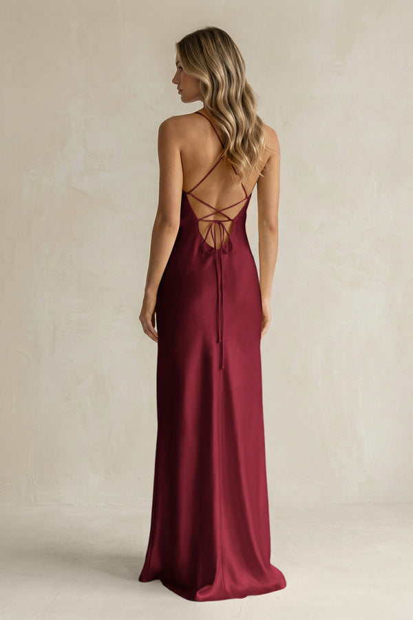 Sheath Satin Spaghetti Strap Bridesmaid Dress in Burgundy - KISS BRIDAL Bridesmaid Dresses