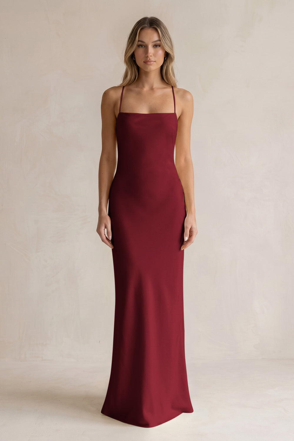 Sheath Satin Spaghetti Strap Bridesmaid Dress in Burgundy