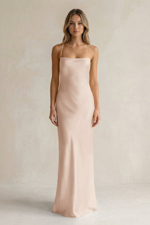 Sheath Satin Spaghetti Strap Bridesmaid Dress in Buttercream - KISS BRIDAL Bridesmaid Dresses
