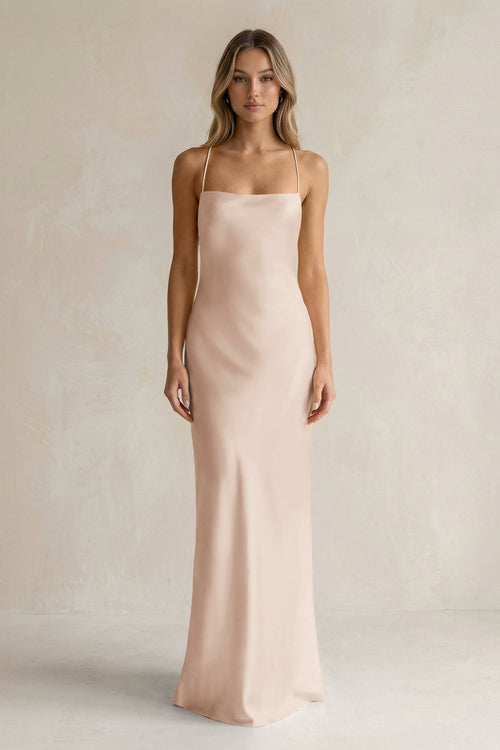 Sheath Satin Spaghetti Strap Bridesmaid Dress in Buttercream - KISS BRIDAL Bridesmaid Dresses
