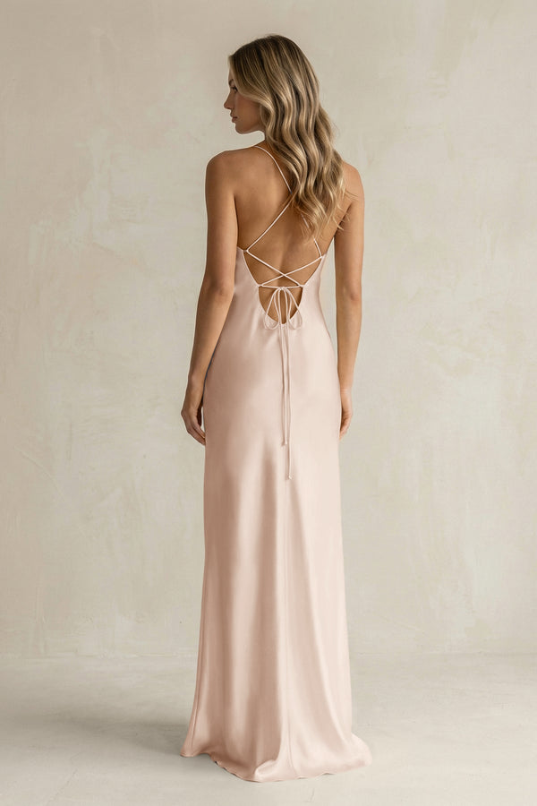 Sheath Satin Spaghetti Strap Bridesmaid Dress in Buttercream - KISS BRIDAL Bridesmaid Dresses