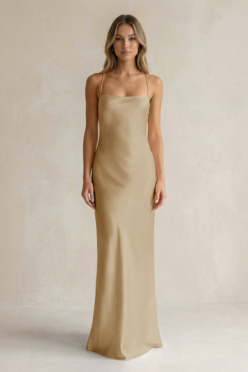 Sheath Satin Spaghetti Strap Bridesmaid Dress in Champagne - KISS BRIDAL Bridesmaid Dresses