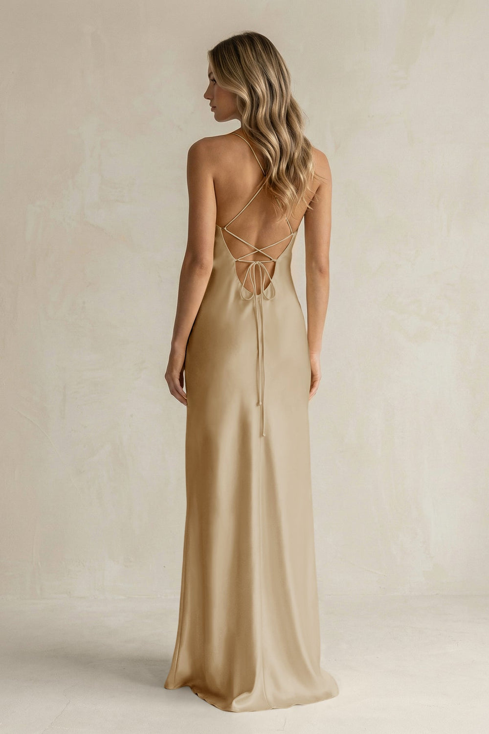 Sheath Satin Spaghetti Strap Bridesmaid Dress in Champagne - KISS BRIDAL Bridesmaid Dresses