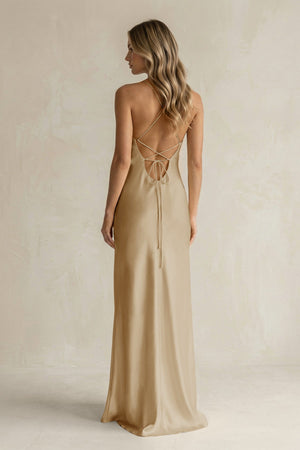 Sheath Satin Spaghetti Strap Bridesmaid Dress in Champagne - KISS BRIDAL Bridesmaid Dresses