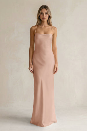 Sheath Satin Spaghetti Strap Bridesmaid Dress in Champagne Rose - KISS BRIDAL Bridesmaid Dresses