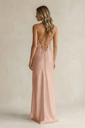 Sheath Satin Spaghetti Strap Bridesmaid Dress in Champagne Rose - KISS BRIDAL Bridesmaid Dresses