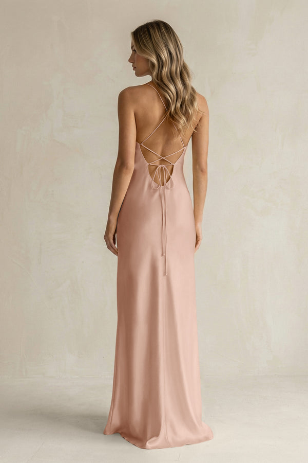 Sheath Satin Spaghetti Strap Bridesmaid Dress in Champagne Rose - KISS BRIDAL Bridesmaid Dresses