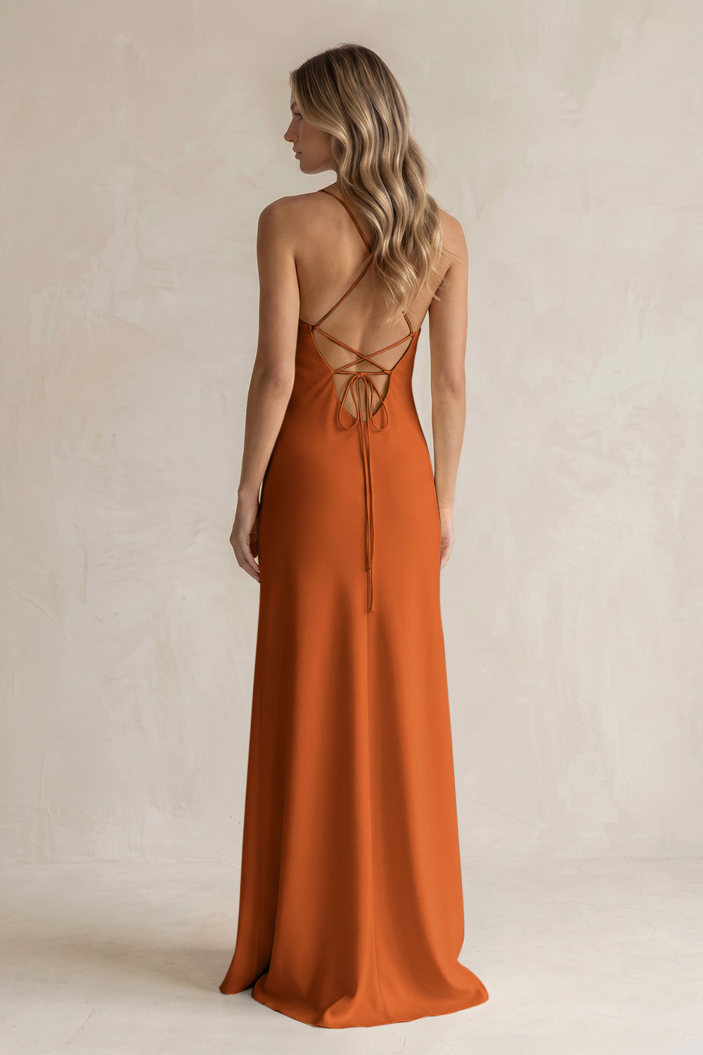 Sheath Satin Spaghetti Strap Bridesmaid Dress in Cinnamon