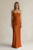 Sheath Satin Spaghetti Strap Bridesmaid Dress in Cinnamon - KISS BRIDAL Bridesmaid Dresses