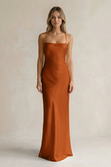 Sheath Satin Spaghetti Strap Bridesmaid Dress in Cinnamon - KISS BRIDAL Bridesmaid Dresses
