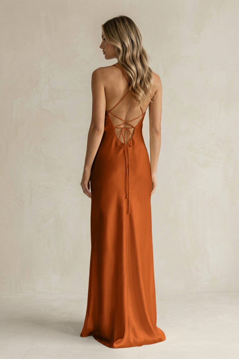 Sheath Satin Spaghetti Strap Bridesmaid Dress in Cinnamon - KISS BRIDAL Bridesmaid Dresses