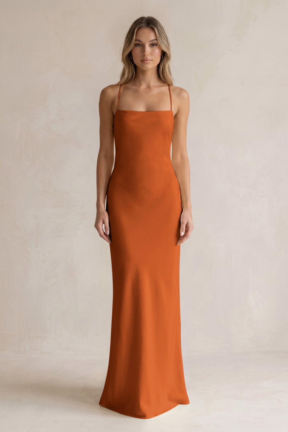 Sheath Satin Spaghetti Strap Bridesmaid Dress in Cinnamon