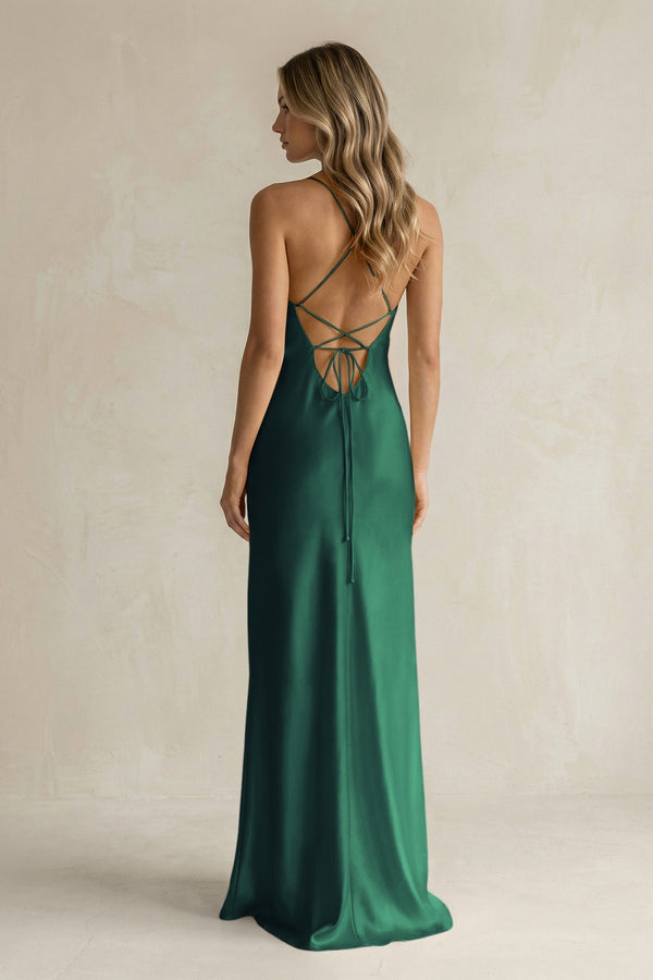 Sheath Satin Spaghetti Strap Bridesmaid Dress in Dark Green - KISS BRIDAL Bridesmaid Dresses