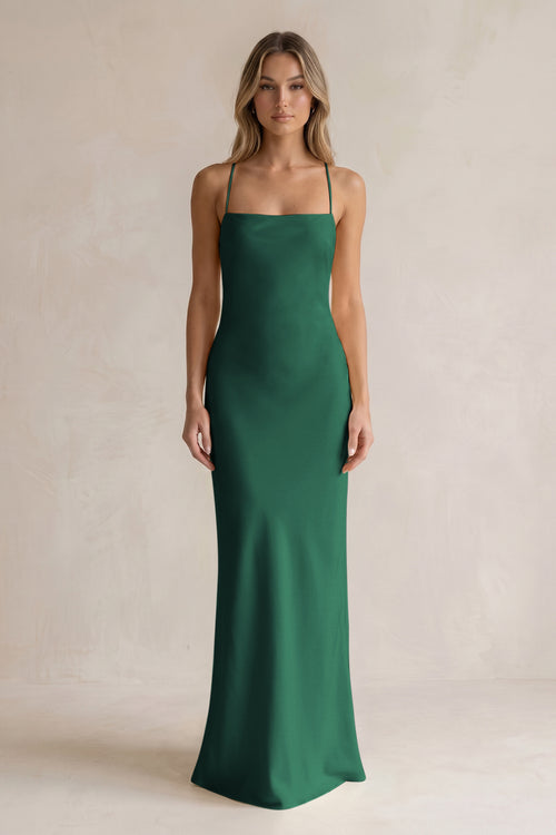 Sheath Satin Spaghetti Strap Bridesmaid Dress in Dark Green | KISSBRIDAL