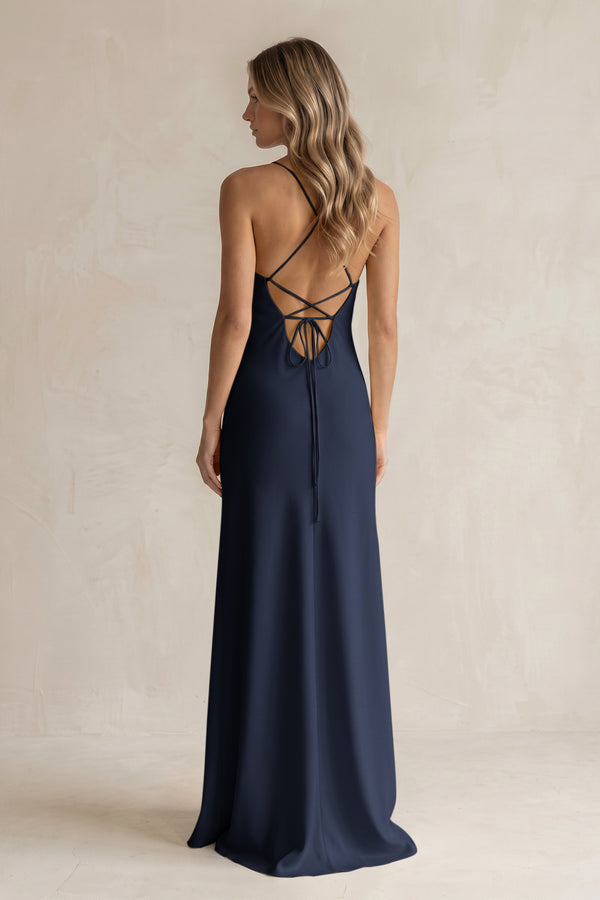 Sheath Satin Spaghetti Strap Bridesmaid Dress in Dark Navy (2) | KISSBRIDAL