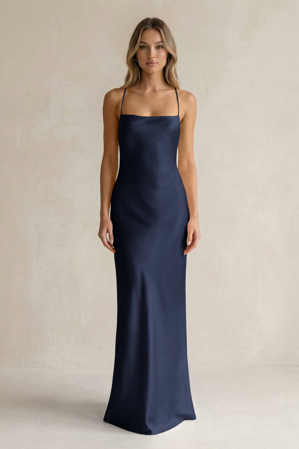 Sheath Satin Spaghetti Strap Bridesmaid Dress in Dark Navy - KISS BRIDAL Bridesmaid Dresses