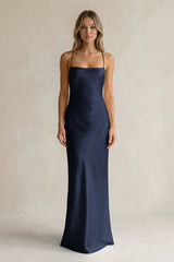 Sheath Satin Spaghetti Strap Bridesmaid Dress in Dark Navy - KISS BRIDAL Bridesmaid Dresses