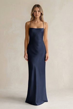 Sheath Satin Spaghetti Strap Bridesmaid Dress in Dark Navy - KISS BRIDAL Bridesmaid Dresses