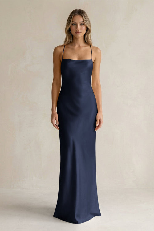 Sheath Satin Spaghetti Strap Bridesmaid Dress in Dark Navy - KISS BRIDAL Bridesmaid Dresses
