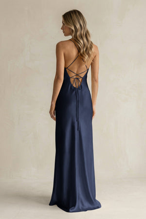 Sheath Satin Spaghetti Strap Bridesmaid Dress in Dark Navy - KISS BRIDAL Bridesmaid Dresses