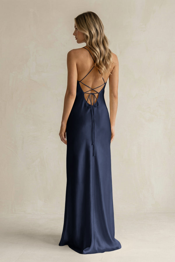 Sheath Satin Spaghetti Strap Bridesmaid Dress in Dark Navy - KISS BRIDAL Bridesmaid Dresses