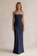 Sheath Satin Spaghetti Strap Bridesmaid Dress in Dark Navy | KISSBRIDAL