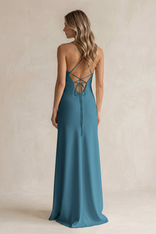 Sheath Satin Spaghetti Strap Bridesmaid Dress in Dark Teal (2) | KISSBRIDAL