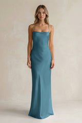 Sheath Satin Spaghetti Strap Bridesmaid Dress in Dark Teal - KISS BRIDAL Bridesmaid Dresses