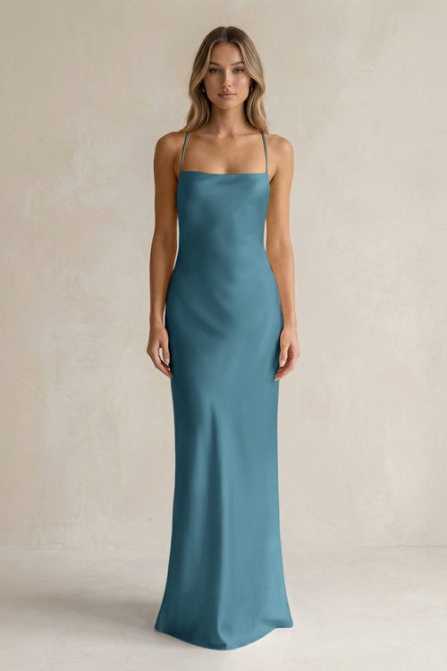 Sheath Satin Spaghetti Strap Bridesmaid Dress in Dark Teal - KISS BRIDAL Bridesmaid Dresses