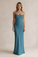 Sheath Satin Spaghetti Strap Bridesmaid Dress in Dark Teal | KISSBRIDAL