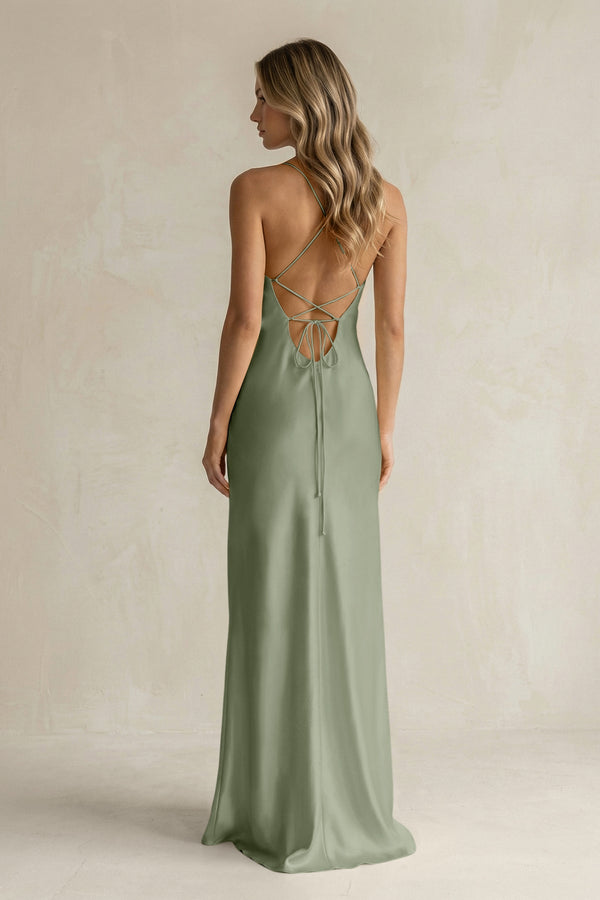 Sheath Satin Spaghetti Strap Bridesmaid Dress in Dove Gray - KISS BRIDAL Bridesmaid Dresses