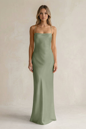 Sheath Satin Spaghetti Strap Bridesmaid Dress in Dove Gray - KISS BRIDAL Bridesmaid Dresses