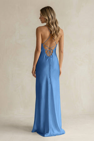 Sheath Satin Spaghetti Strap Bridesmaid Dress in Dusty Blue - KISS BRIDAL Bridesmaid Dresses