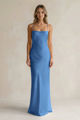 Sheath Satin Spaghetti Strap Bridesmaid Dress in Dusty Blue - KISS BRIDAL Bridesmaid Dresses