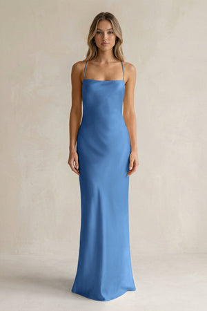 Sheath Satin Spaghetti Strap Bridesmaid Dress in Dusty Blue - KISS BRIDAL Bridesmaid Dresses