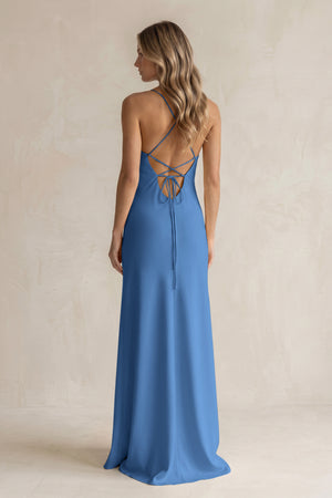 Sheath Satin Spaghetti Strap Bridesmaid Dress in Dusty Blue (2) | KISSBRIDAL