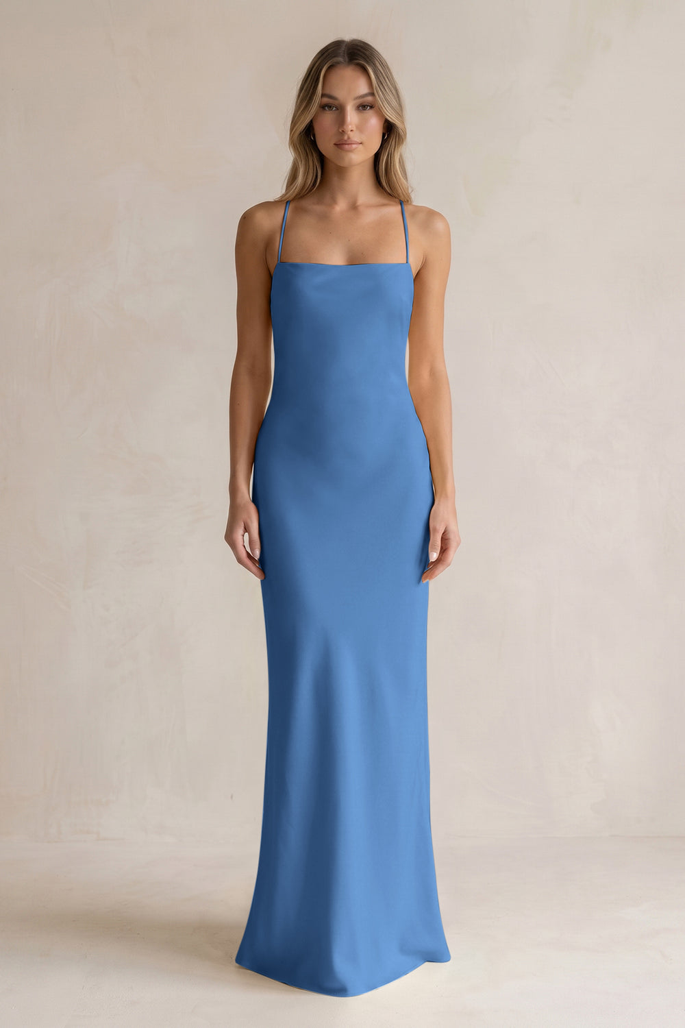 Sheath Satin Spaghetti Strap Bridesmaid Dress in Dusty Blue