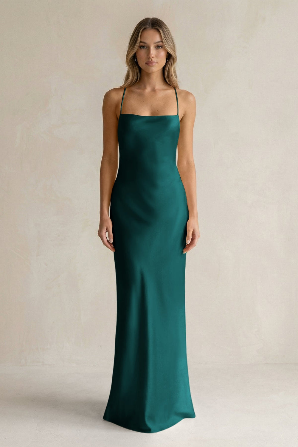 Sheath Satin Spaghetti Strap Bridesmaid Dress in Emerald - KISS BRIDAL Bridesmaid Dresses